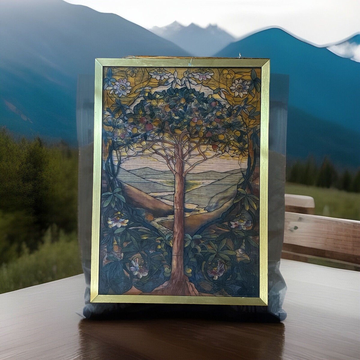 Louis C Tiffany Tree Of Life Framed Glass Hanging Window Panel 9”x
