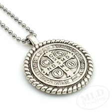 Knot Border Saint St Benedict Medal Pendant Necklace 24" Ball Chain Silver Tone