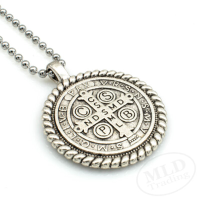 Knot Border Saint St Benedict Medal Pendant Necklace 24'' Ball Chain Silver Tone