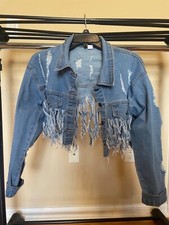 Denim Cropped Women  s Jacket Short Destroyed Distressed Size S Only Worn Twice