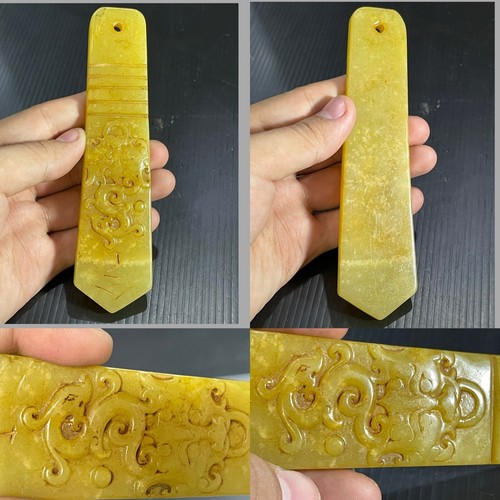 South Asia Unique Vintage Jade Stone Carved Big Pendant Tile With Dragon Figure