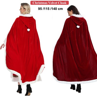 Women's Christmas Robe Coat Santa Claus Cloak Cape Mrs Hooded Xmas Costume