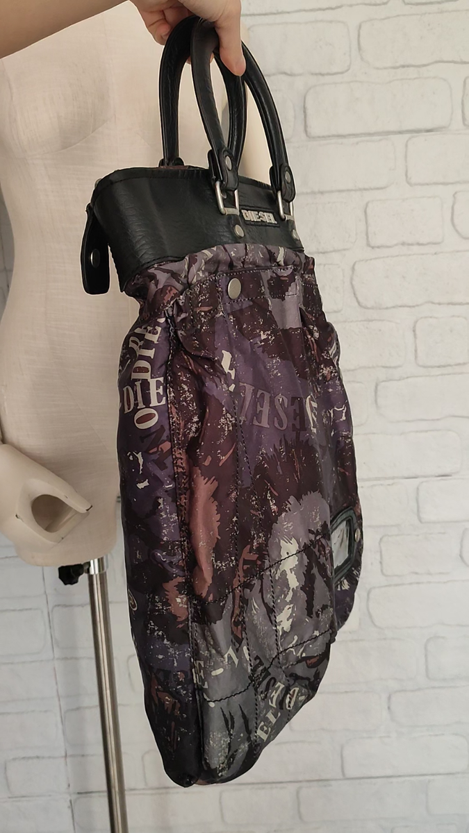 DIESEL Vintage Nylon Tote Bag Faux Leather Detail 00s Y2k Vintage