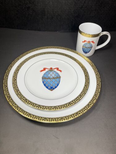 Gold Buffet Royal Gallery Blue Faberge Egg Set Of 3 Dinner Salad Plate Cup - Picture 2 of 17