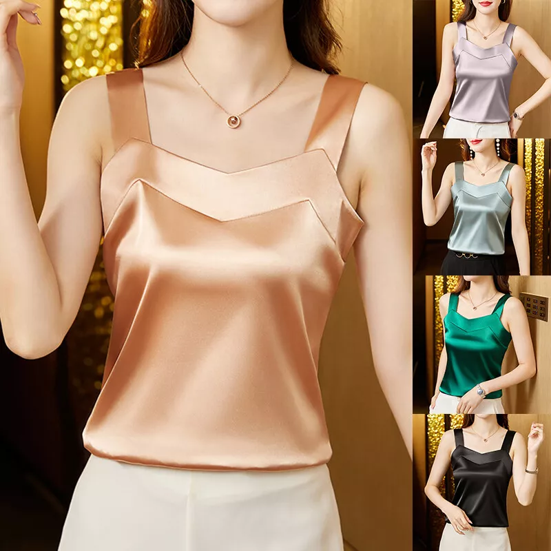 Women Satin Silk wide strap vest top V neck cami tank camisole T Shirt ladies