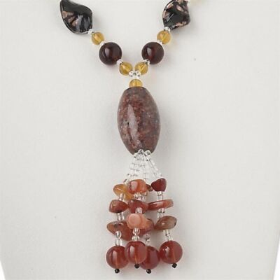 Handcrafted Jasper Carnelian Agate Glass Statement Beaded Pendant Necklace