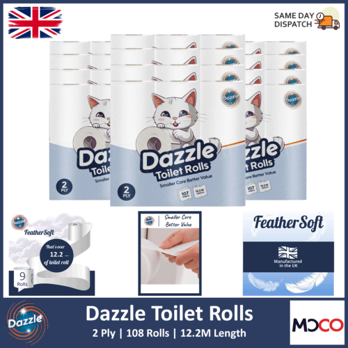 Dazzle 2 Ply Toilet Roll Bulk White Tissue Paper Strong Gentle Soft 108 Rolls - Picture 1 of 4