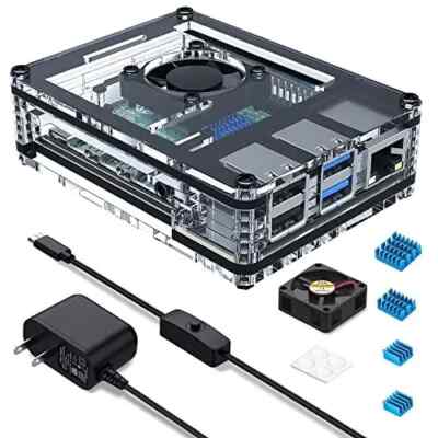 Raspberry Pi 4 Case with Fan Cooling Pi 4B Case with 5V 3A Power Supply, 4