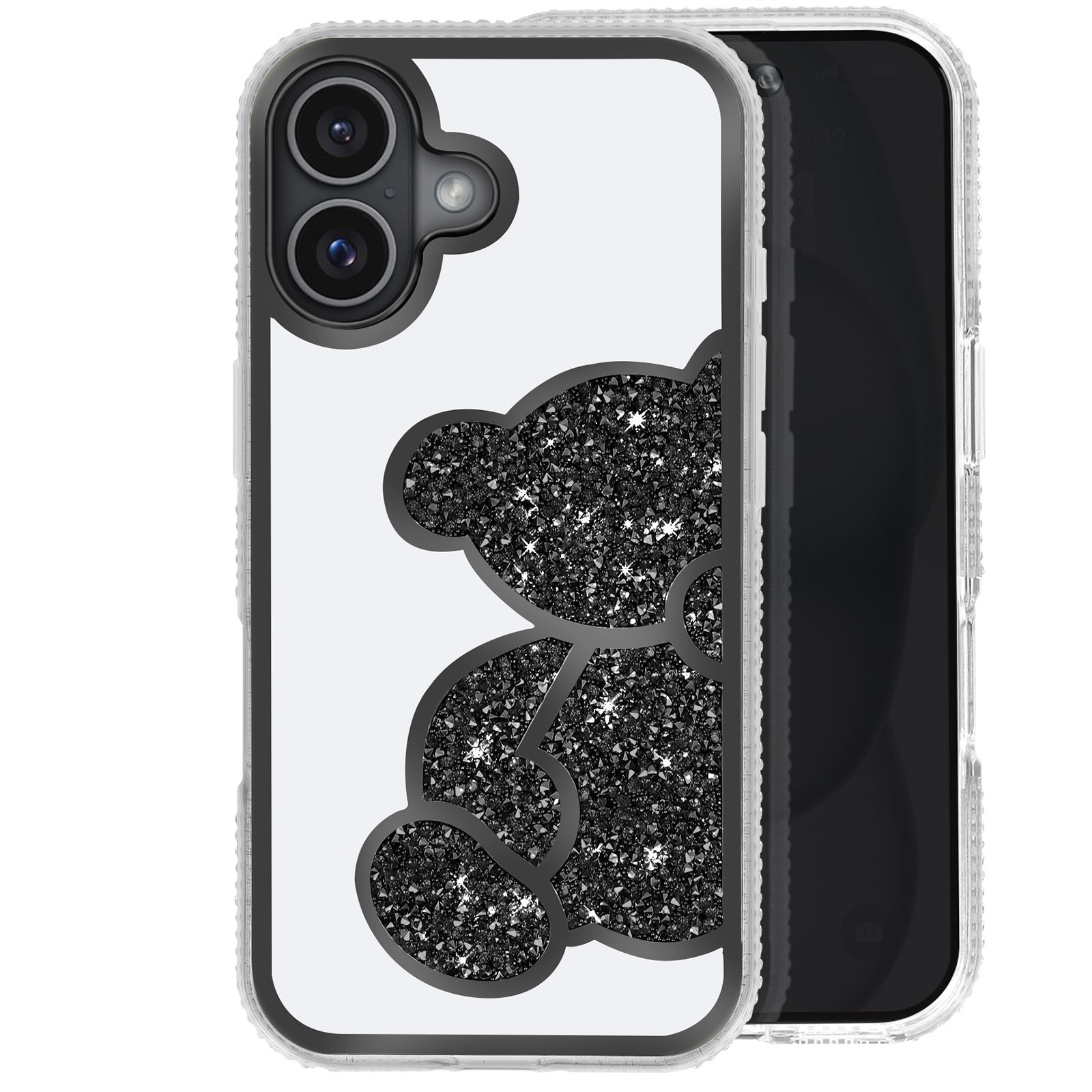 Coque iPhone 16 Plus paillettes transparente motif ours et strass