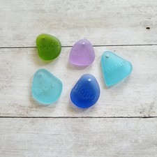 5 Etched Sea Glass Style Pendants, Hope Dream Love Health Aqua Blue Purple Green