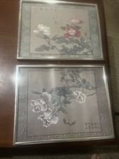 Pair of Vintage Chinese Silk Bird  Flower Paintings Framed
