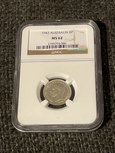 1942 AUSTRALIA Silver 6 Pence, KGVI, NGC MS 62