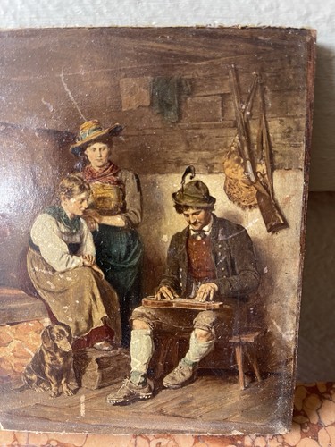 Antike bayrische rustikale Genre Öl Transfer auf Holz Münchner Volksszene um 1900 - Bild 2 von 8