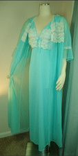 VTG TURQUOISE Peignoir Nylon NIGHTGOWN ROBE SET Lace Trim Sz S/M