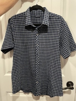 Zackery Prell designer Men s Navy Blue White Check Short Sleeve Button Down