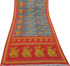 Sushila Vintage Gray Saree 100 Pure Cotton Printed Floral Soft Craft Fabric