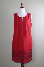 TALBOTS $128 Red Embroidered Linen Cotton Lined Shift Eyelet Dress Size 12