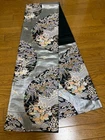 @@ Japanese kimono fukuro-obi/black and silver base, garden and birds  OB8