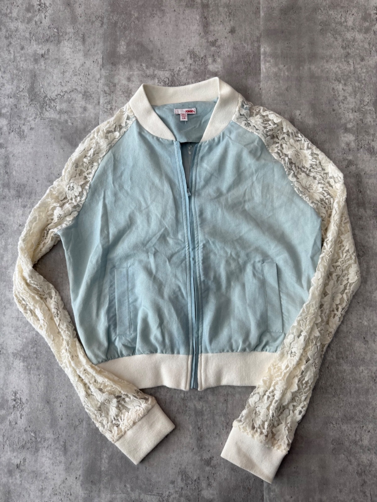 Denim Jacket Lace Sleeves Boho Hippie Statement Piece Women’s L-image