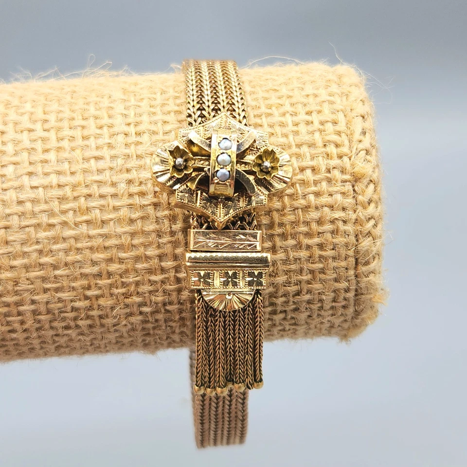 Brazalete Victoriano Años 1870 Relleno Oro Flor Etrusca Perla Malla Borla Deslizable 22.4g Foto 3 de 4