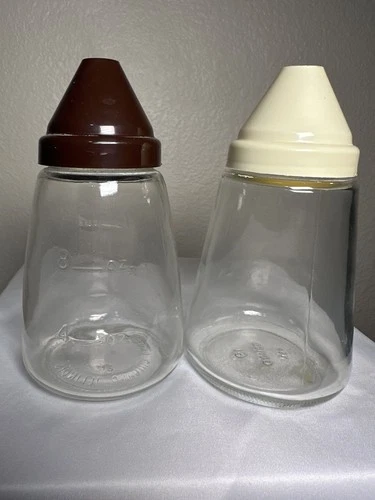 Vintage Federal Sugar Pourer Dispenser Glass Brown Cap MCM Mid century SET of 2