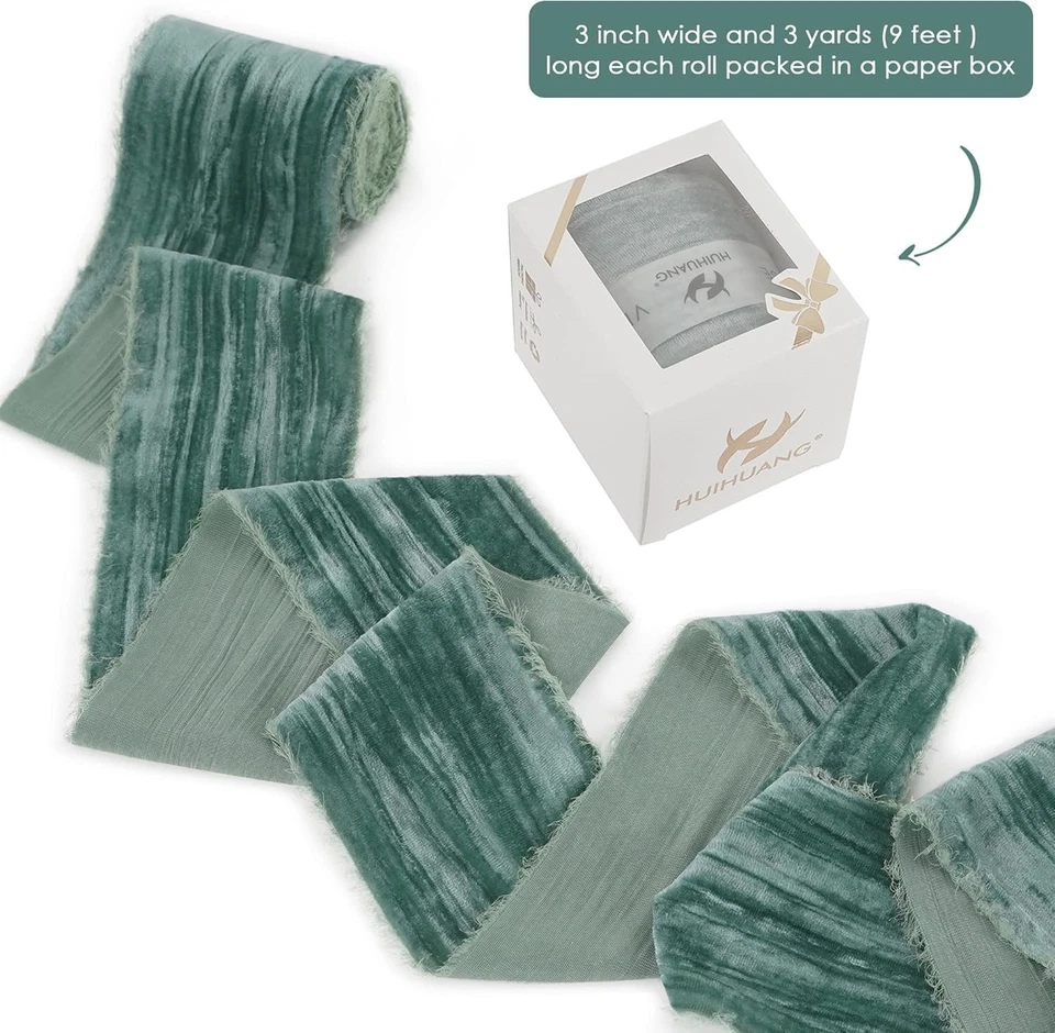 Dusty Green Velvet Ribbon 3 inch Crinkled Frayed Velvet Ribbon Fringe Silk Ve... - Image 4 of 4