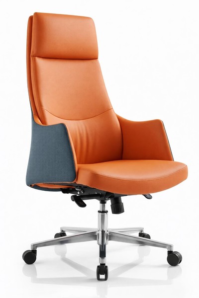 Ergonomischer Chefsessel Mit LuxuriöSem Lederbezug In Orange Und Blau-image