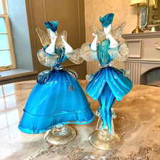 Pareja de estatuillas de cristal de Murano azul cobalto soplado a mano veneciano 32 cm par