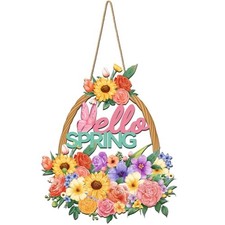 Wooden Spring Front Door Sign Hollow Flower Basket Hello Spring Welcome Sign