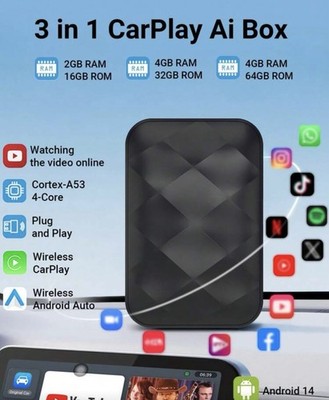 New mini Ai Car android box 4/64GB 14 Wireless Play 3 In 1 Smart Plug Play Apps
