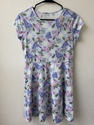 The Children's Place Girls 16 xxl Blue Fit & Flare Knee Dress Floral Butterfly