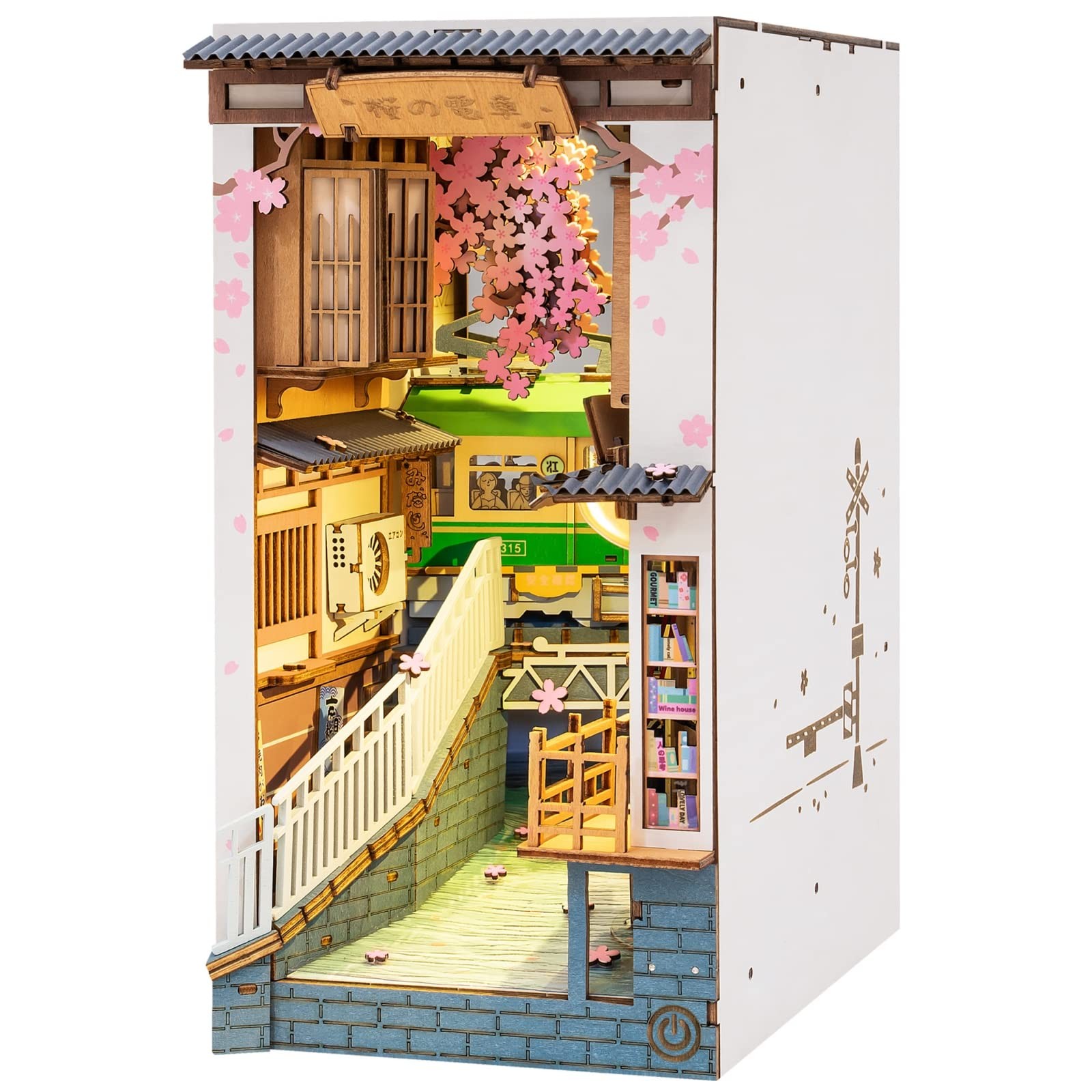 Book Nook Sakura Densya en bois avec lumières LED maison de poupée Japon