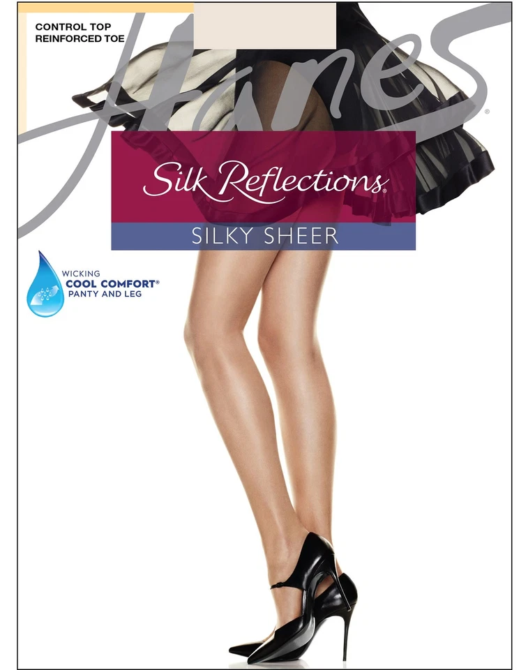 Pantyhose Reinforced Toe Hanes Sheer Silk Reflections Control Top Cool Comfort