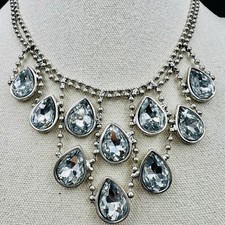 Teardrop Crystal Bib Necklace Silver Tone Fringe Statement Bridal Prom Bling
