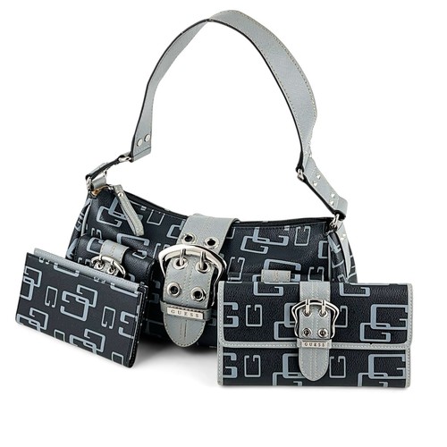 Vintage Guess Y2K 90er 2000er Hand Schultertasche Handtasche Monogramm 3tlg Set Schwarz Grau