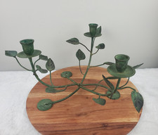 VTG  Iron Brass  Patina Vine & Leaves Standing 3-Candle Candelabra Centerpiece