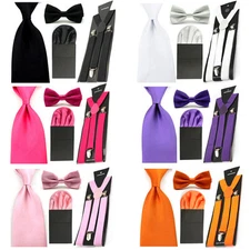 Men Solid Color Bowtie 8cm Ties Round Pocket Square Hanky Suspender Braces Set