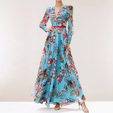 Womens Elegant Holiday Flower Printed V-neck Long Sleeve High Waist Long Dresses