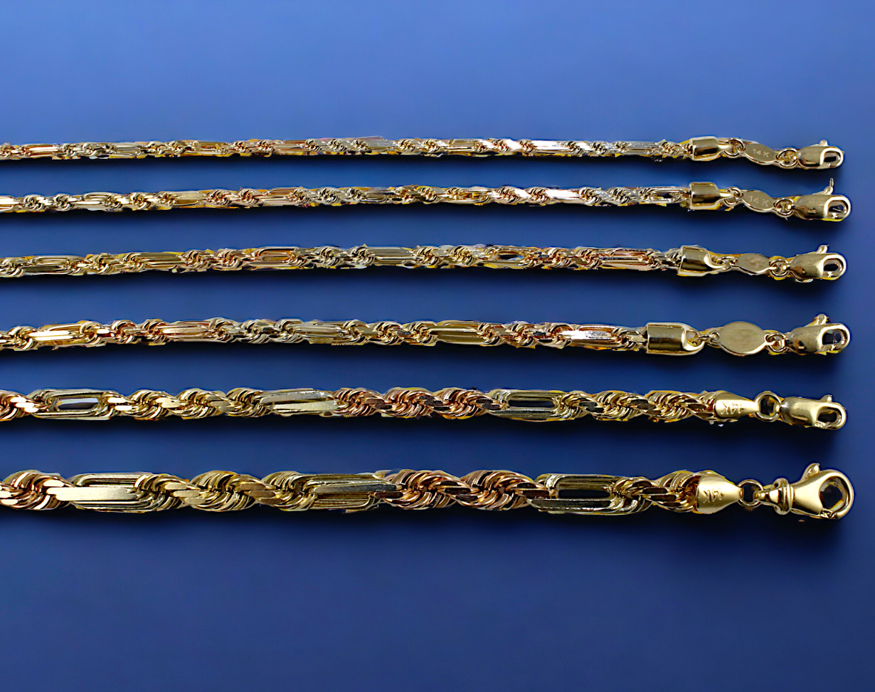 14K Tri Color Gold 2mm-7mm Solid Figaro Rope Chain Necklace Milano