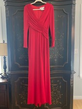 $398 Ieena for Mac Duggal Jersey Long Sleeve Asymmetrical Ruched Gown | Red | 2