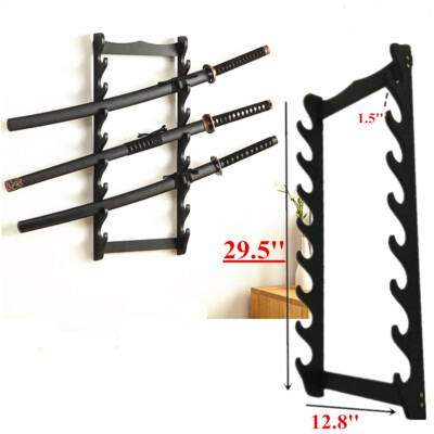 8-Tier Wooden Sword Holder Wall Mount Samurai Stand Display Katana Flute Rack
