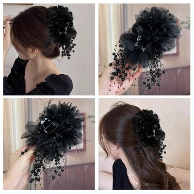 Feather Tassel Clip Elegant Versatile Mesh Headpiece Handmade Black Hairpin W7F9