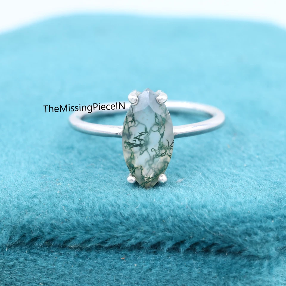 Natural Moss Agate Ring Simple Marquise Cut Solitaire Ring Women's Ring Jewelry - Image 4 of 4