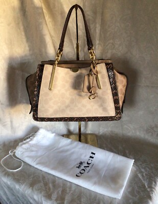Coach Dreamer In Blocked Signature Canvas Tan Sand Snakeskin Purse with  Dust Bag