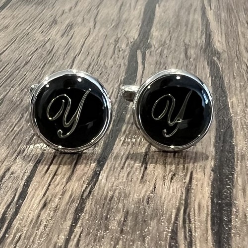 Black Round Name Initial Alphabet Letter Cufflinks Men Birthday Father’s Day Gif - Picture 3 of 6