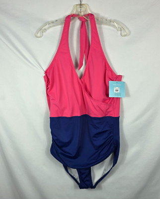 Bal Harbour One Piece Swim Suit Women's Size 18 Cherry Blossom Pink & Blue NEW