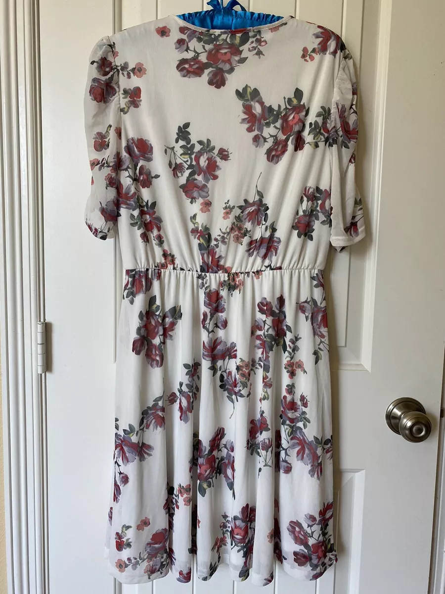 Maurices Womens White Dress w Floral Casual Silky Sheer Overlay