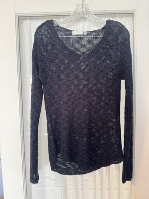 RD Style Anthropologie Sweater Navy Open Stitch V Neck Size Small Cozy Raw Hem