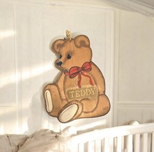 Vintage Wood Teddy Bear Wall Hanging Nursery Decor Plaque 14" Retro Baby Room