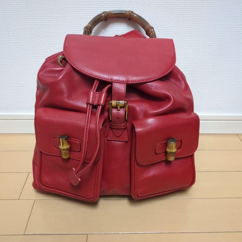 GUCCI Bamboo Leather Red Backpack Authentic Designer Bag with Pockets